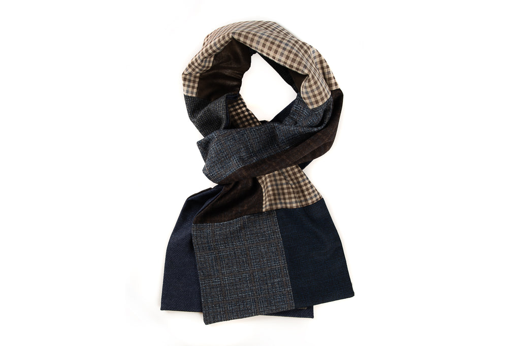 Foulard patchwork géométrique - Bleu, beige et brun