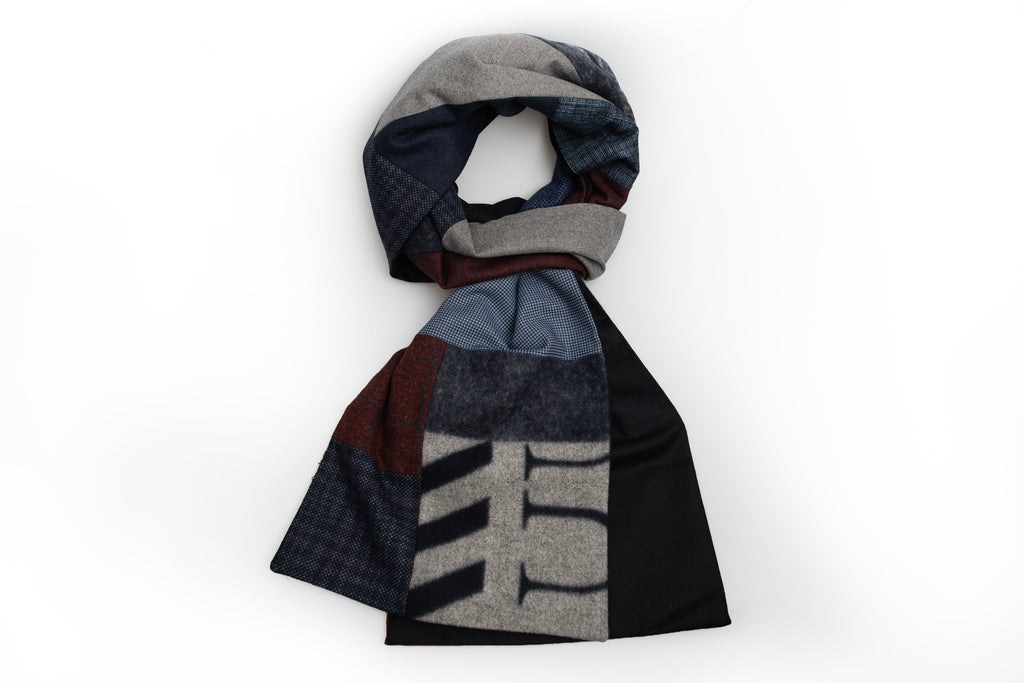 Reversible patchwork scarf - Blue, grey and burgundy