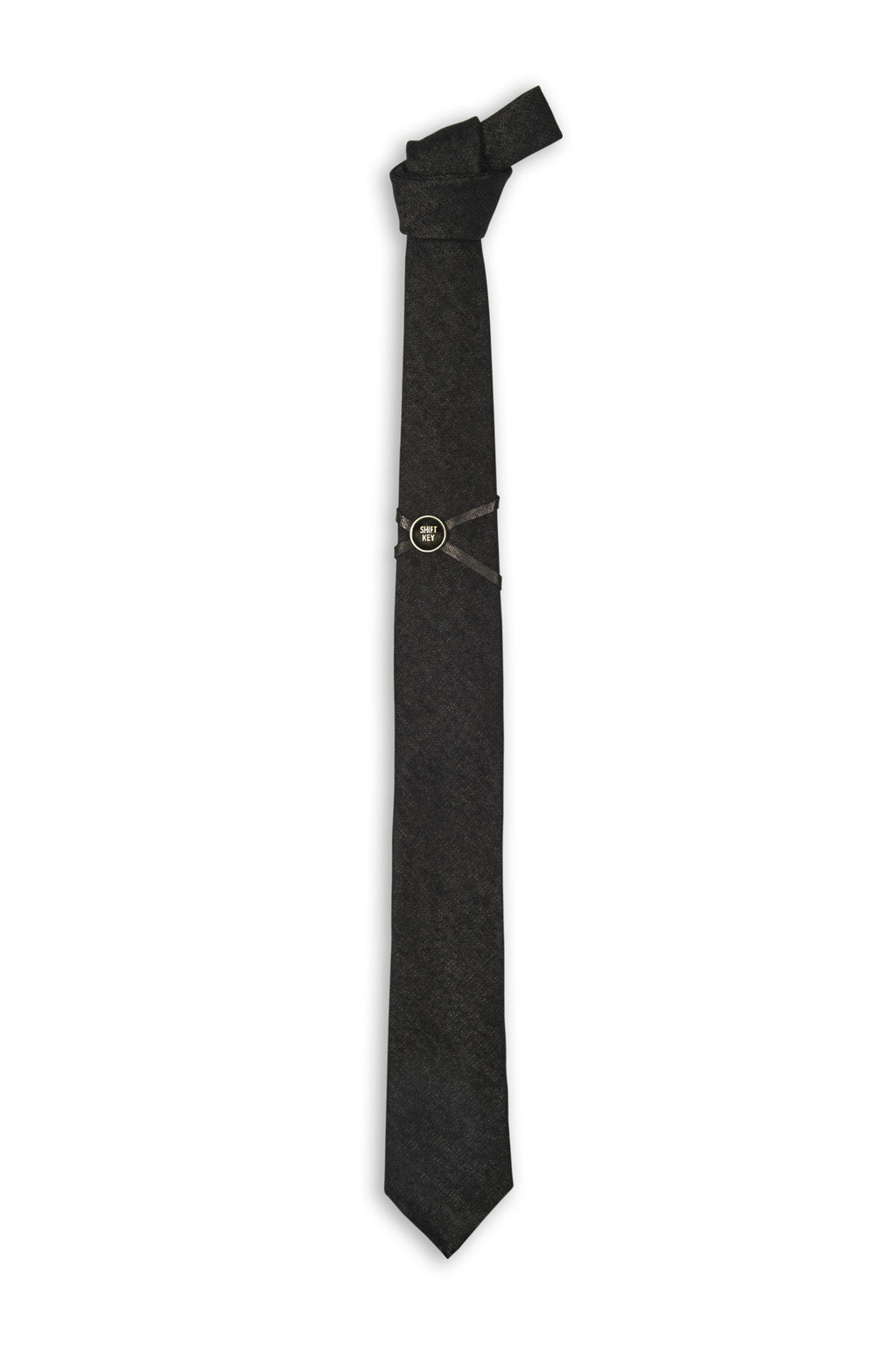 Cravate laine noire avec cuir et touche vintage dactylo - Black wool tie with leather and vintage typewriter key