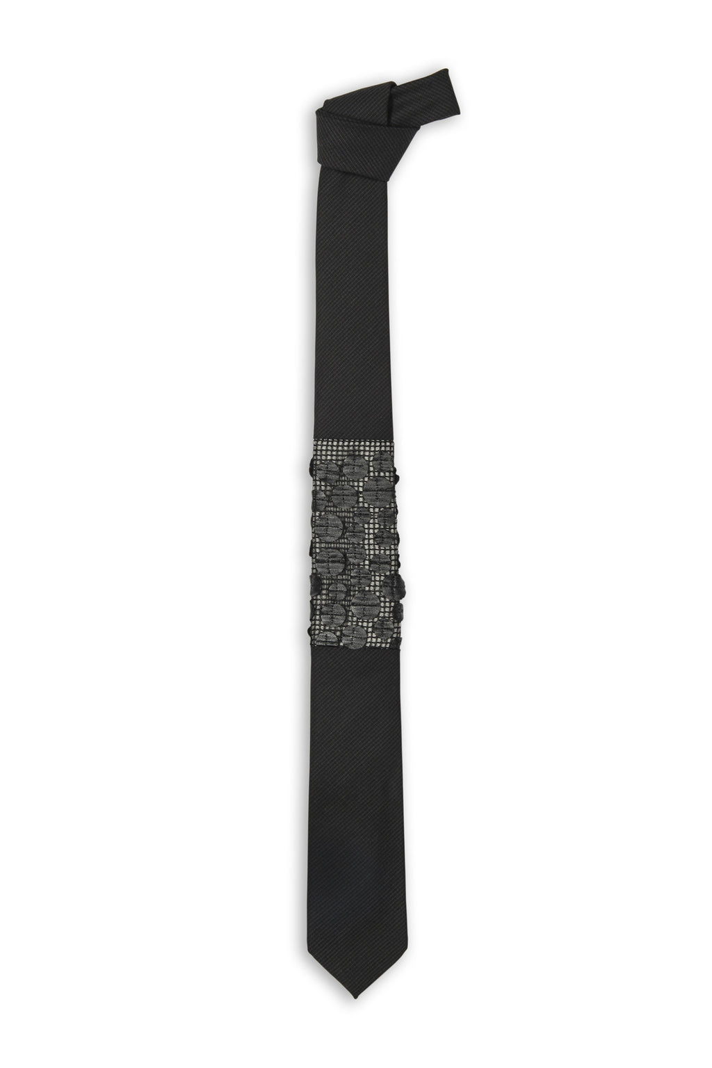 Cravate laine noire avec insertion tissu exotic avec rond - Black wool tie with exotic fabric insertion