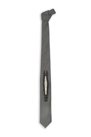 Cravate laine grise avec fermeture et tissu journal - Grey wool tie with zipper and newspaper fabric