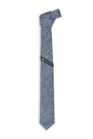 Cravate lin bleue avec bande cuir et squelette - Bleu linen tie with leather and skull